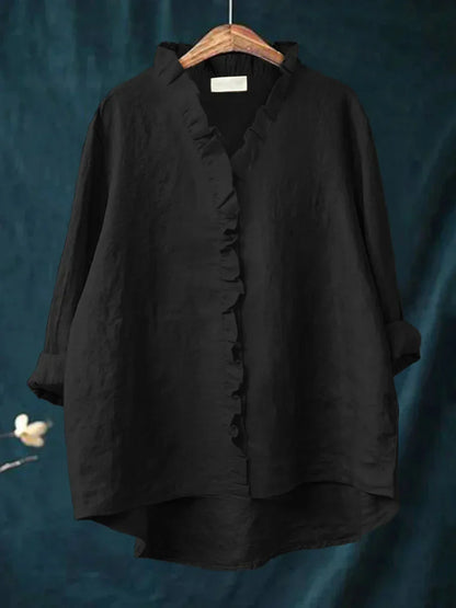 Camisa femenina con volantes de algodón y lino con diseño fluido para mujer, ligera y chic para verano