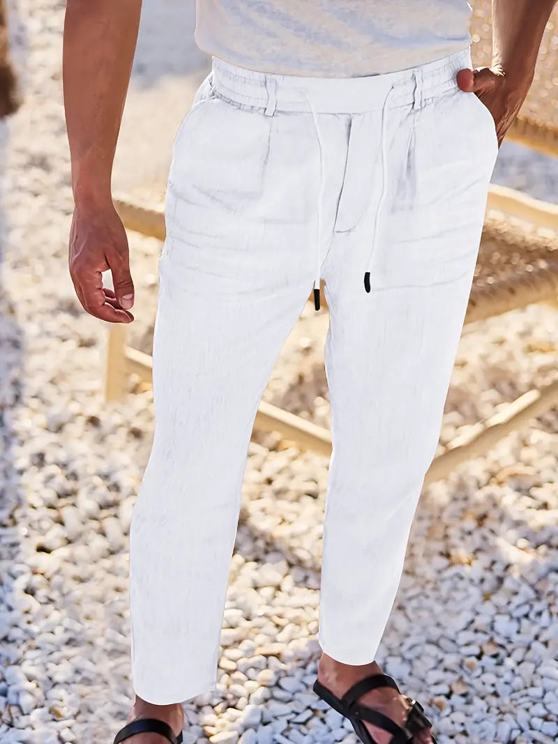 Pantalones anchos de lino con cordón para mujer, ligeros y transpirables para verano o viaje