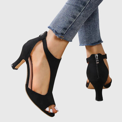 Sandalias de tacón ortopédico con punta abierta, correa en el tobillo y plantilla ergonómica para mujer