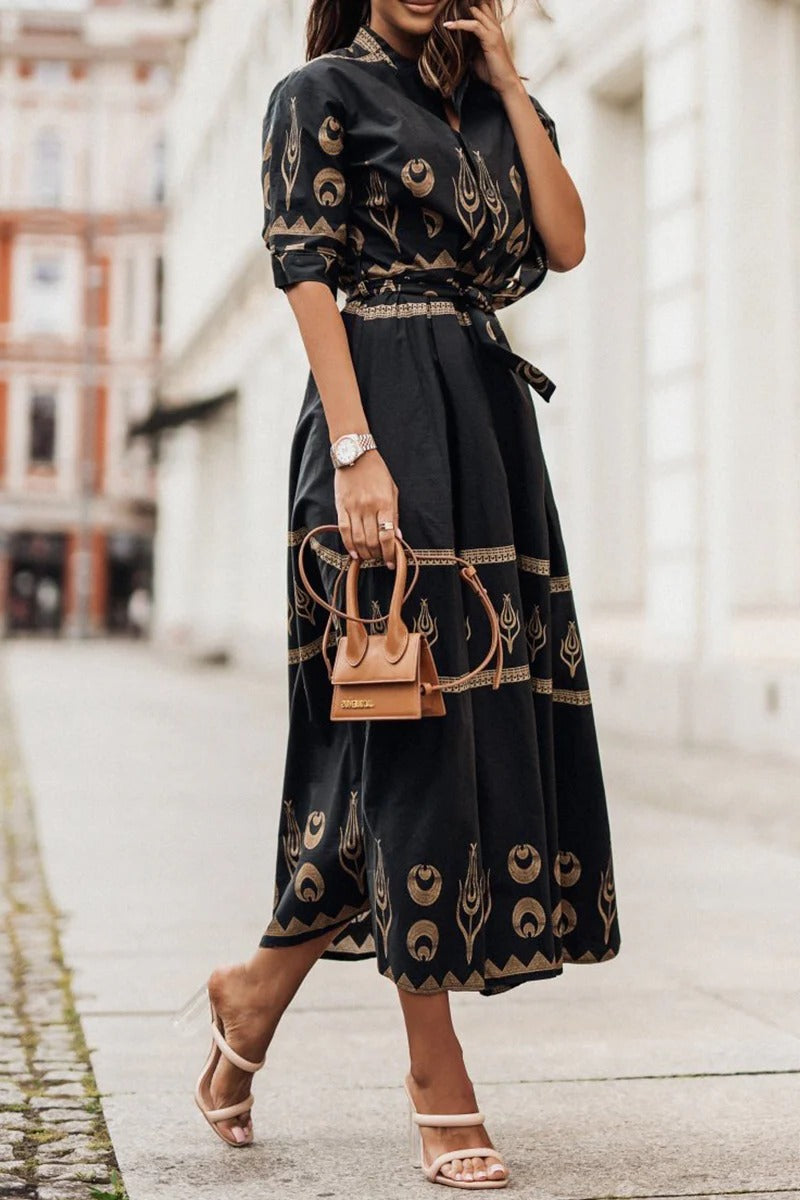 Cassandra | Women's Collared Printed Long Sleeve Midi Dress - Black - Image 5