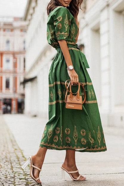 Vestido largo con cuello de solapa y estampado geométrico