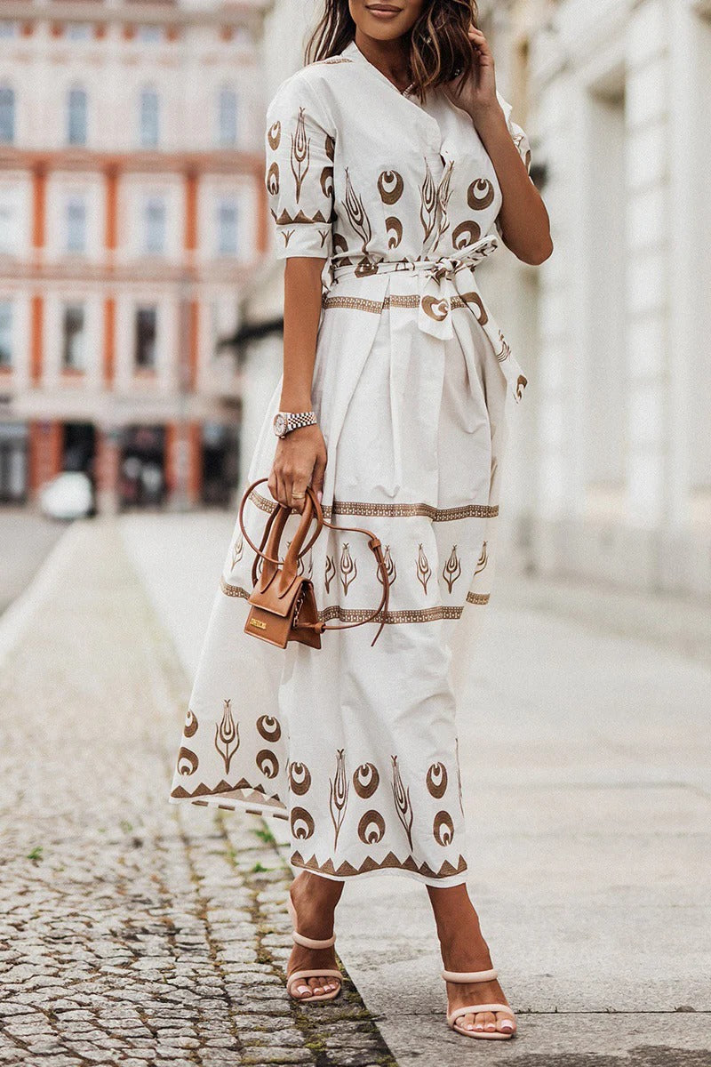 Vestido largo con cuello de solapa y estampado geométrico