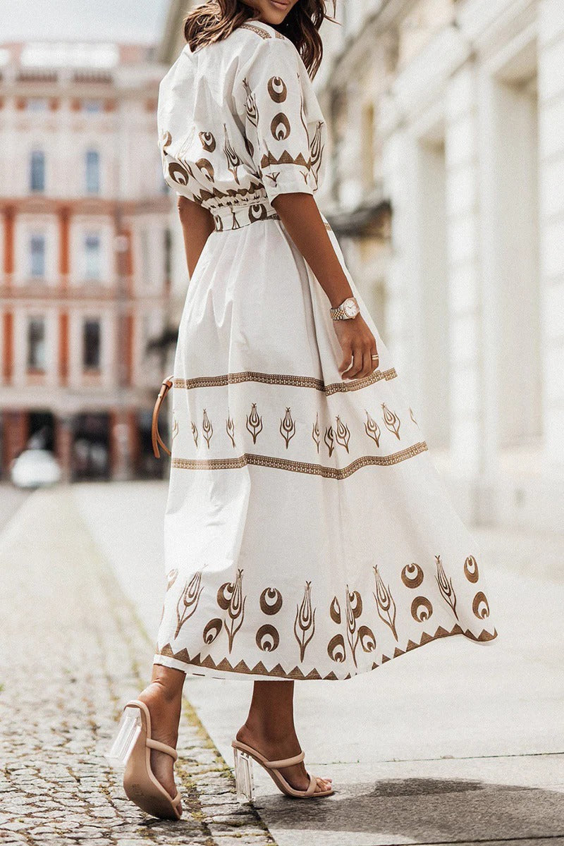 Vestido largo con cuello de solapa y estampado geométrico