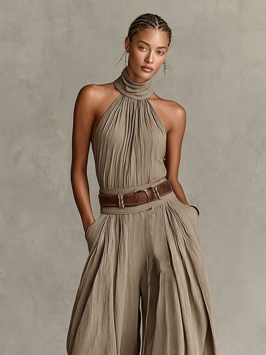 Isabella | Mono de Algodón Taupe con Cuello Americano y Pierna Ancha para Mujer Boho-Élegante