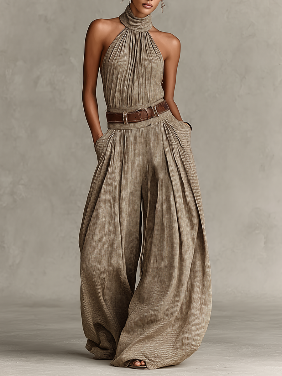 Isabella | Mono de Algodón Taupe con Cuello Americano y Pierna Ancha para Mujer Boho-Élegante