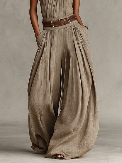 Isabella | Mono de Algodón Taupe con Cuello Americano y Pierna Ancha para Mujer Boho-Élegante