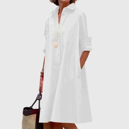 Vestido elegante con botones frontales, cuello camisero y bolsillos laterales para mujer, ligero y versátil para oficina o diario