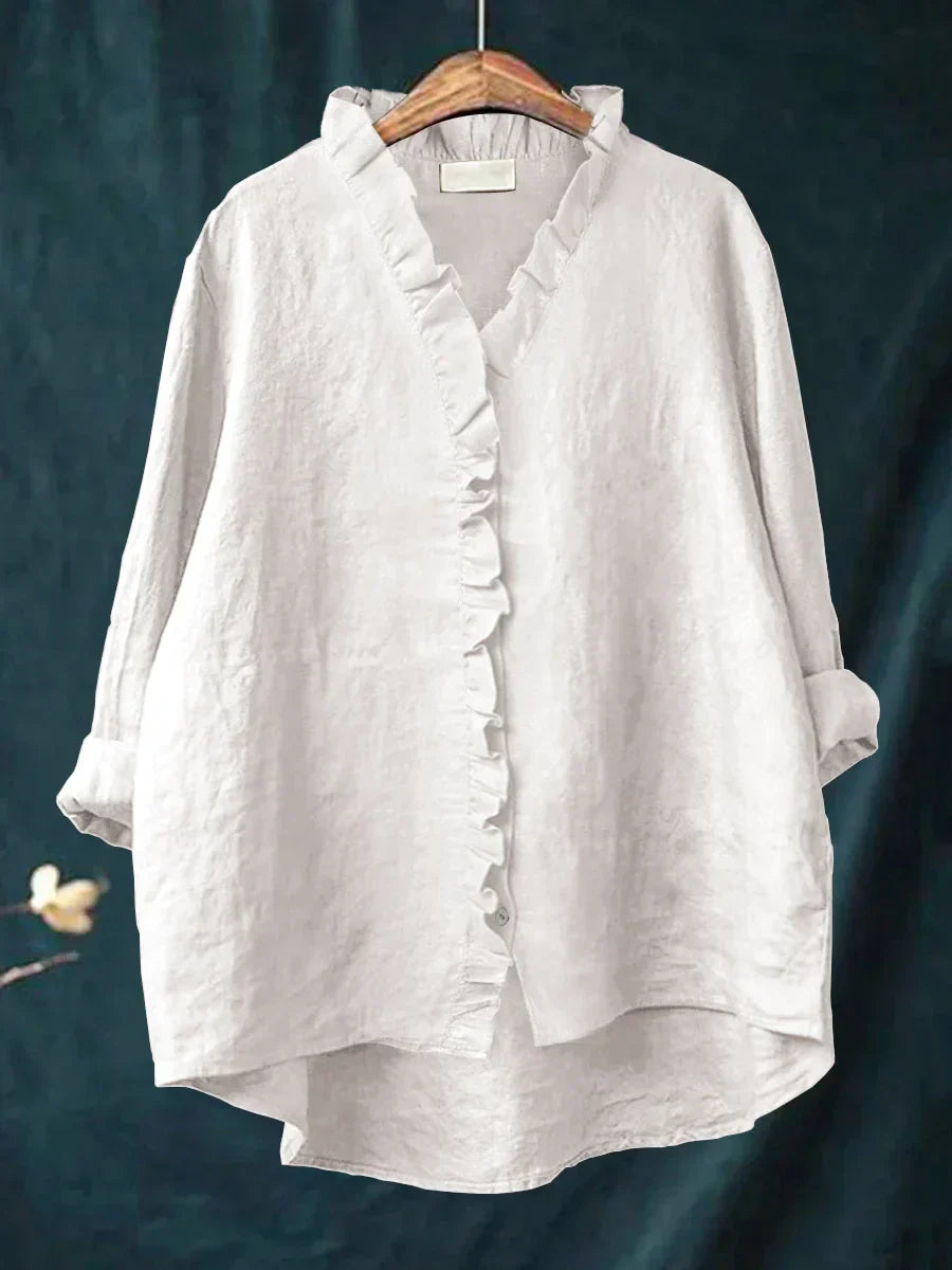 Camisa femenina con volantes de algodón y lino con diseño fluido para mujer, ligera y chic para verano
