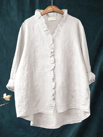 Camisa femenina con volantes de algodón y lino con diseño fluido para mujer, ligera y chic para verano