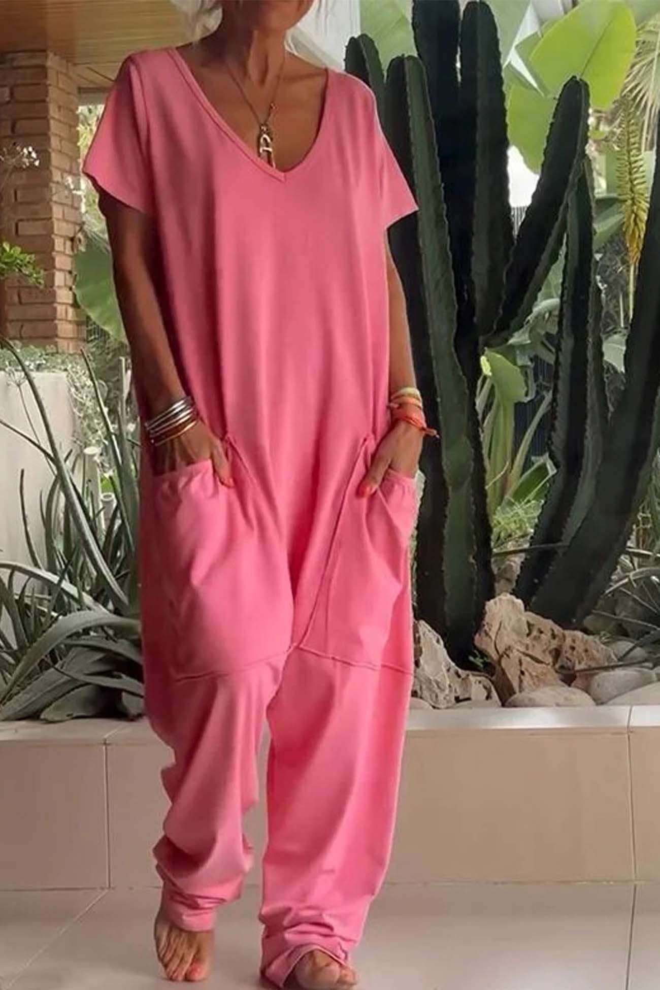 Celeste | Women's V-Neck Short Sleeve Wide Leg Jumpsuit - Pink - Image 8