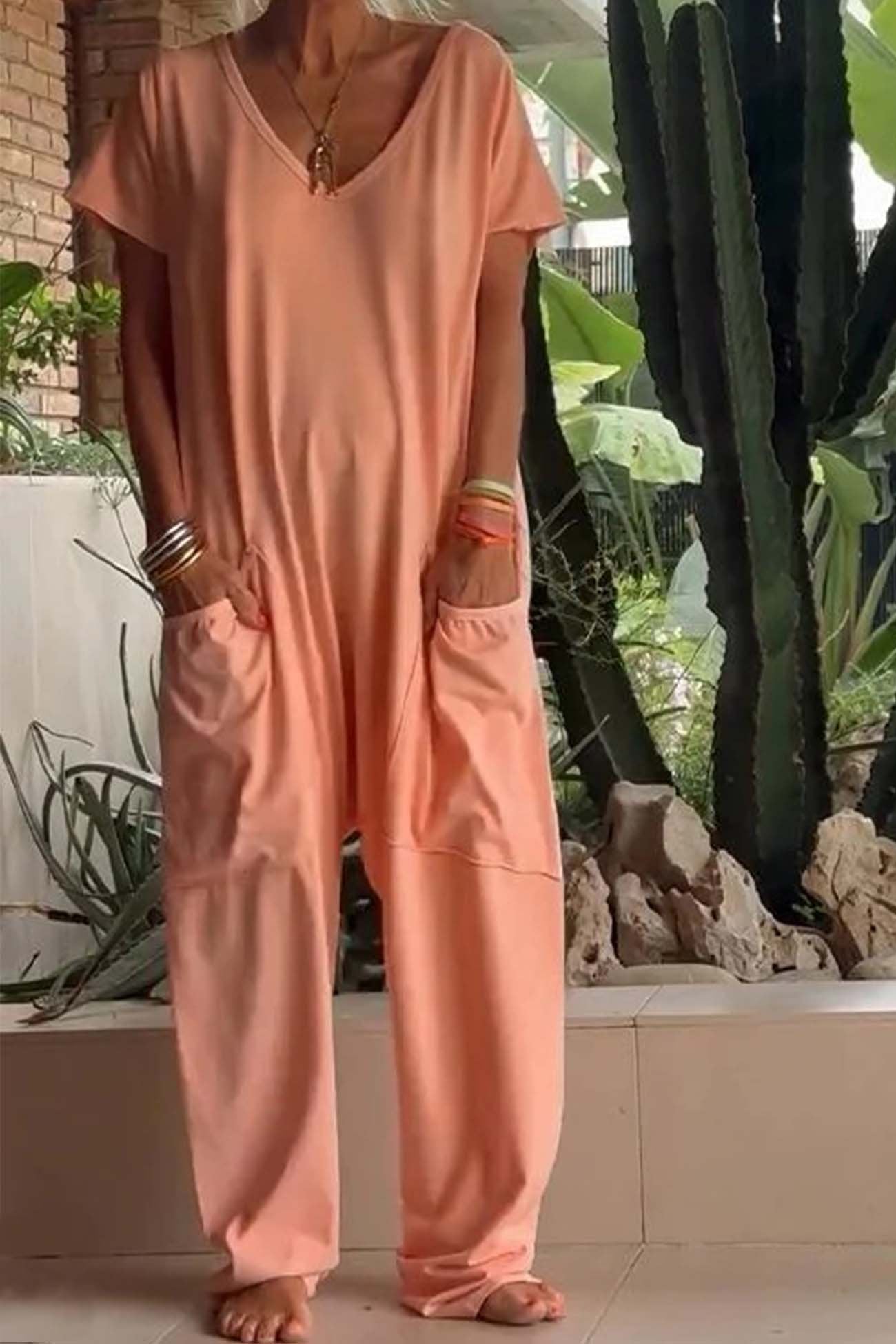 Monos anchos con cuello en V y manga corta para mujer