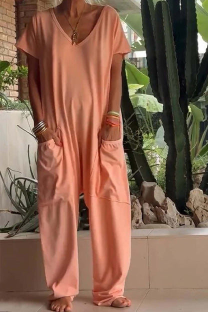 Monos anchos con cuello en V y manga corta para mujer