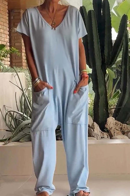 Monos anchos con cuello en V y manga corta para mujer