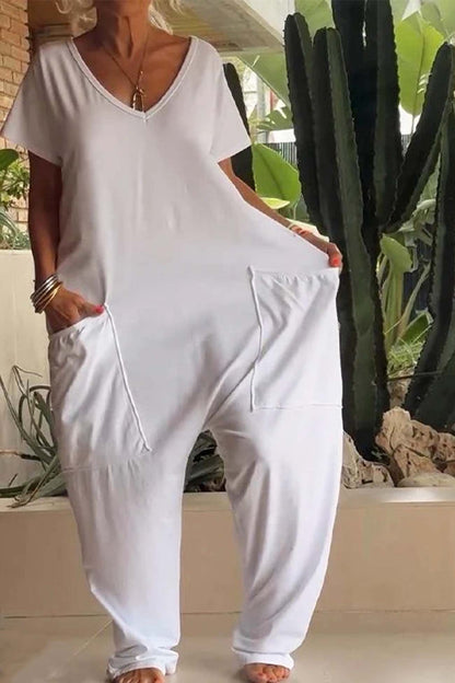 Monos anchos con cuello en V y manga corta para mujer