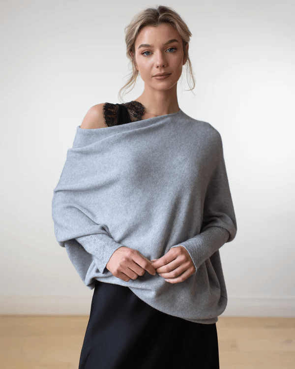 Celestina | Women's Off Shoulder Long Sleeve Sweater - Light Grey - Image 5
