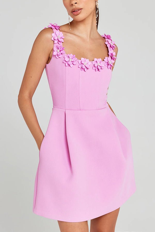 Vestido mini femenino con aplicaciones florales para mujer, elegante y ligero para fiesta