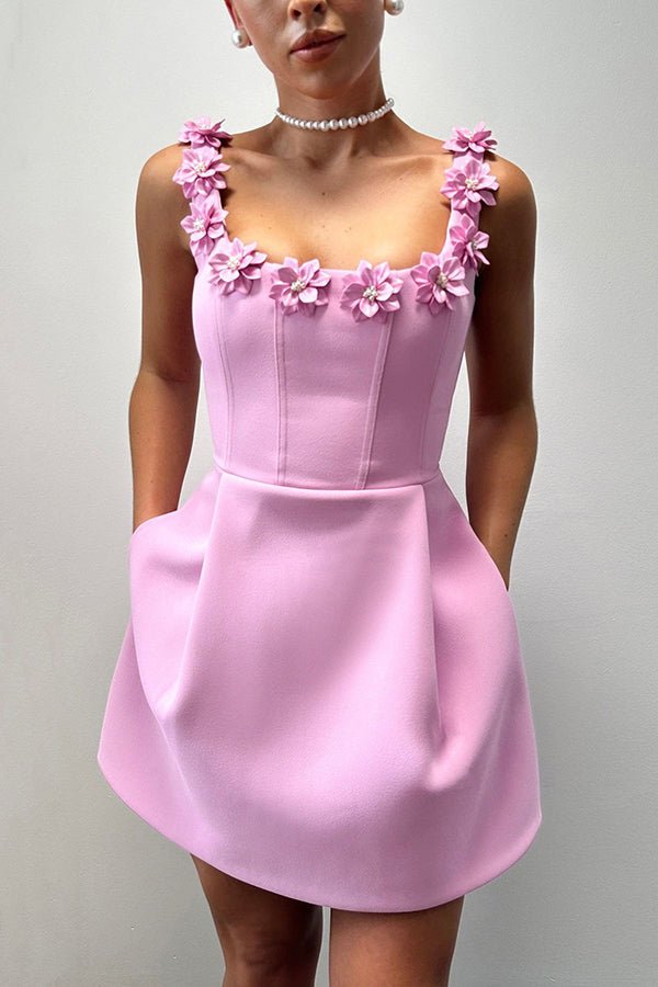Vestido mini femenino con aplicaciones florales para mujer, elegante y ligero para fiesta