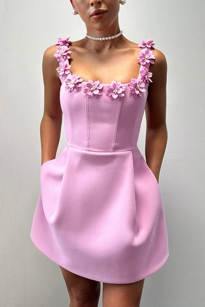Vestido mini femenino con aplicaciones florales para mujer, elegante y ligero para fiesta