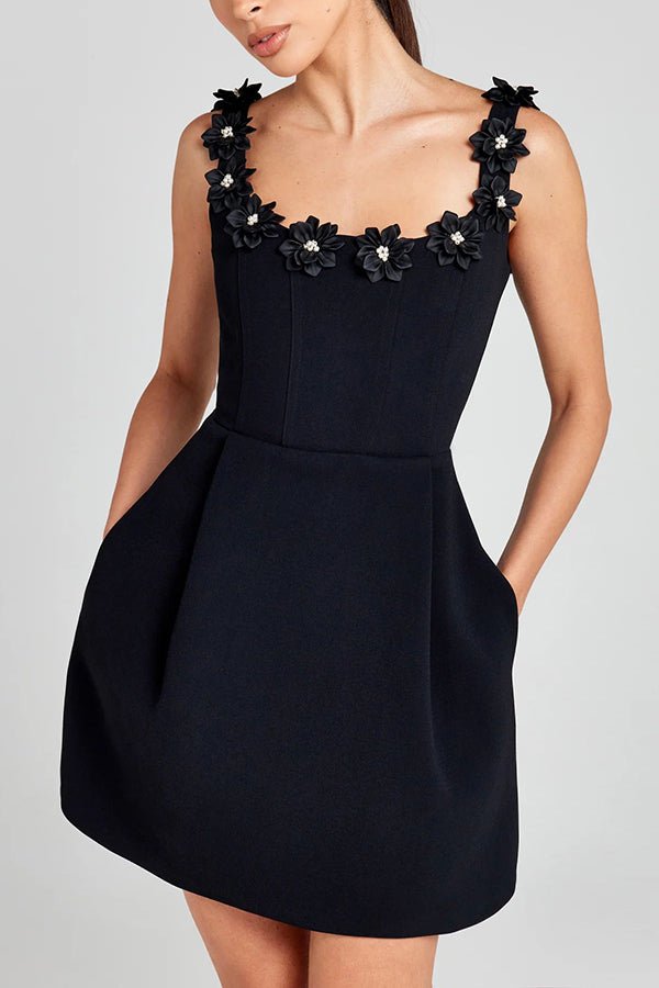 Vestido mini femenino con aplicaciones florales para mujer, elegante y ligero para fiesta