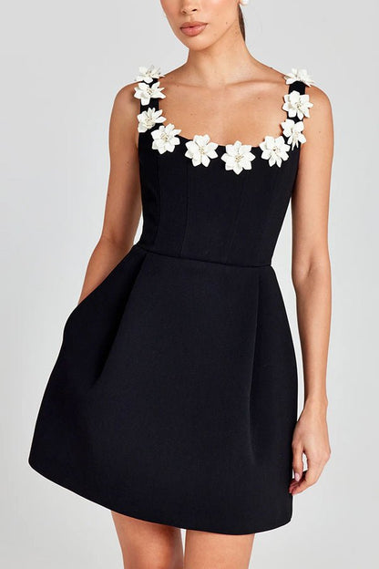 Vestido mini femenino con aplicaciones florales para mujer, elegante y ligero para fiesta