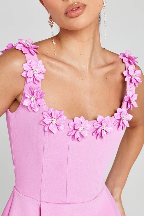 Vestido mini femenino con aplicaciones florales para mujer, elegante y ligero para fiesta