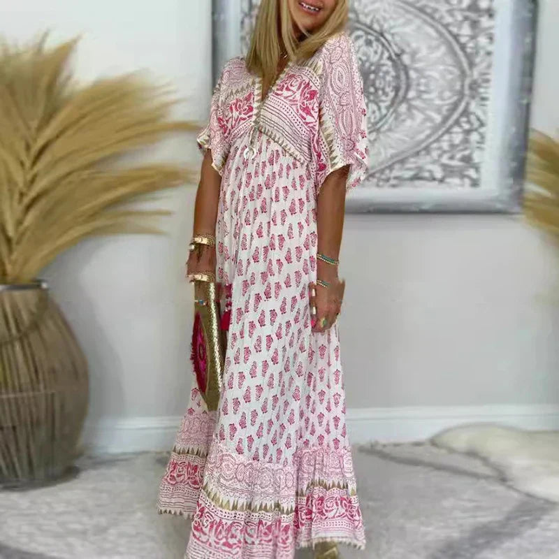 Clementine | Women's Printed Short Sleeve Maxi Dress - Pink - Image 3