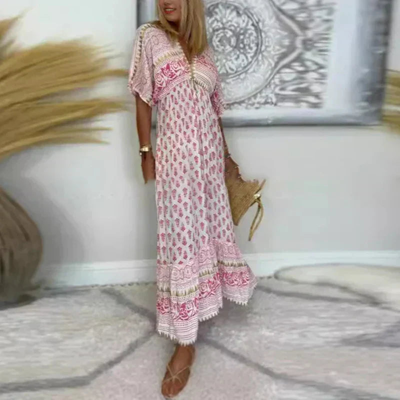 Vestido maxi con estampado floral y manga corta para mujer