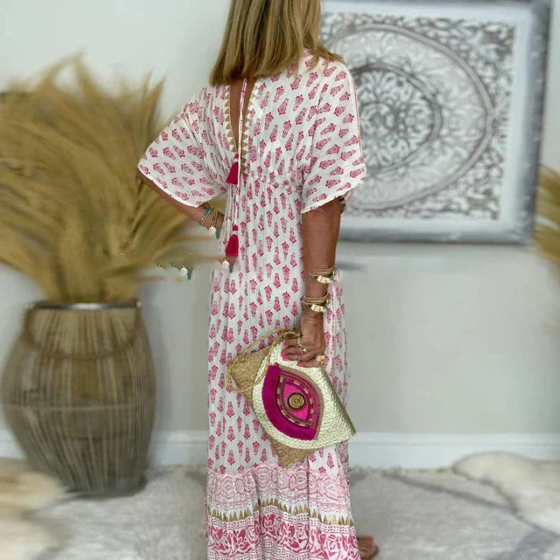 Vestido maxi con estampado floral y manga corta para mujer