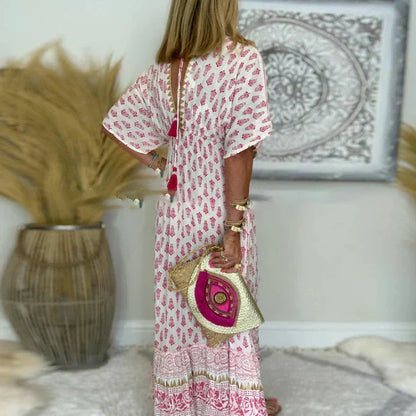 Vestido maxi con estampado floral y manga corta para mujer