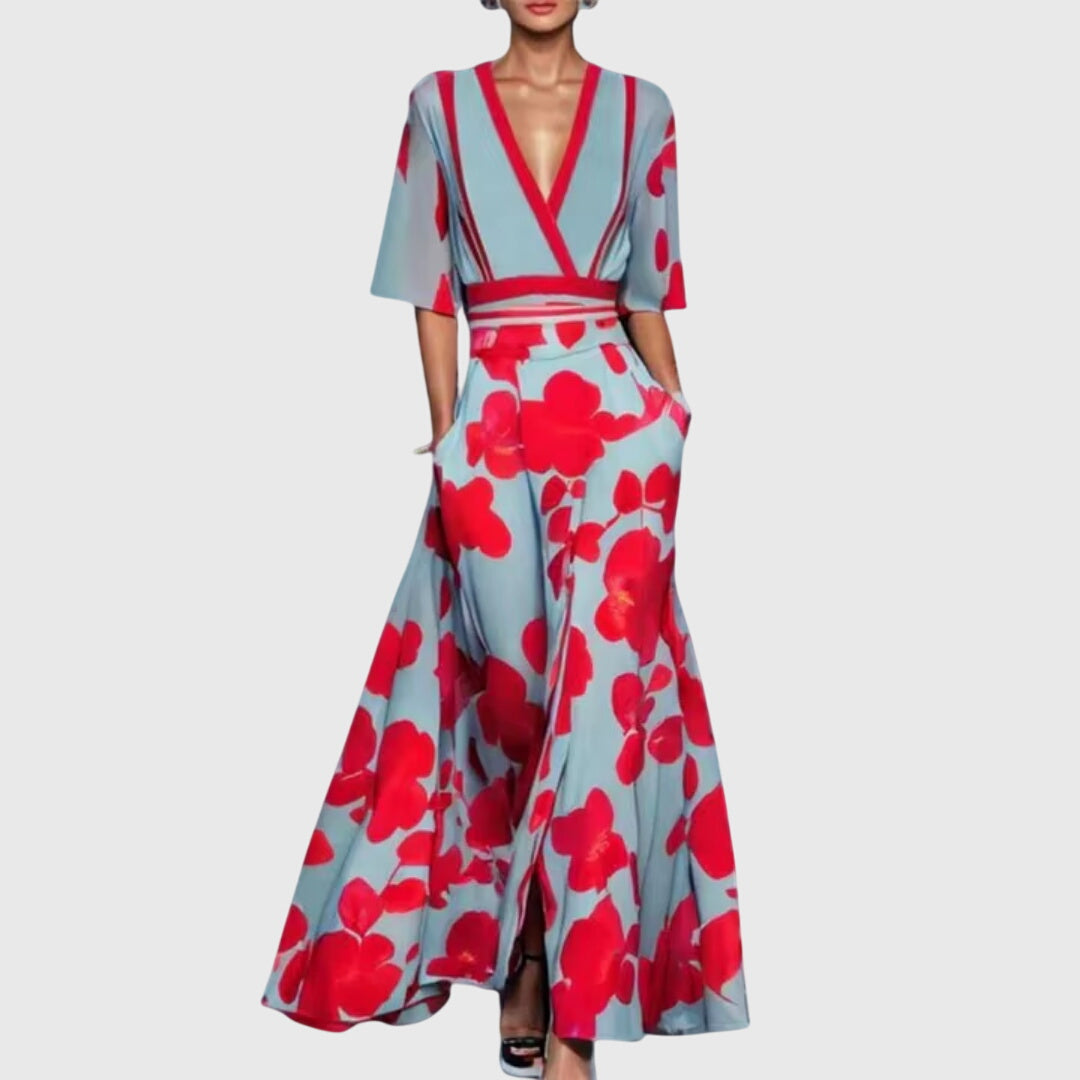 Vestido elegante de primavera con escote en V cruzado, estampado floral vibrante y falda maxi fluida para mujer