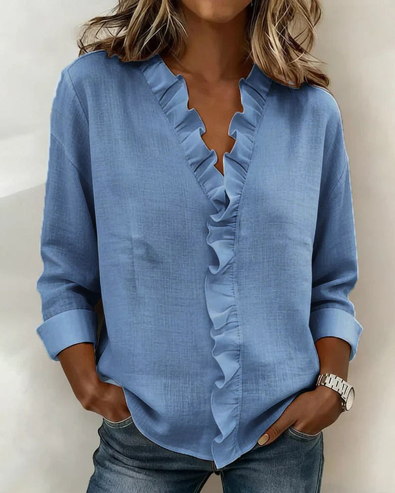 Blusa femenina con volantes, cuello en V y corte fluido para mujer, cómoda y sofisticada