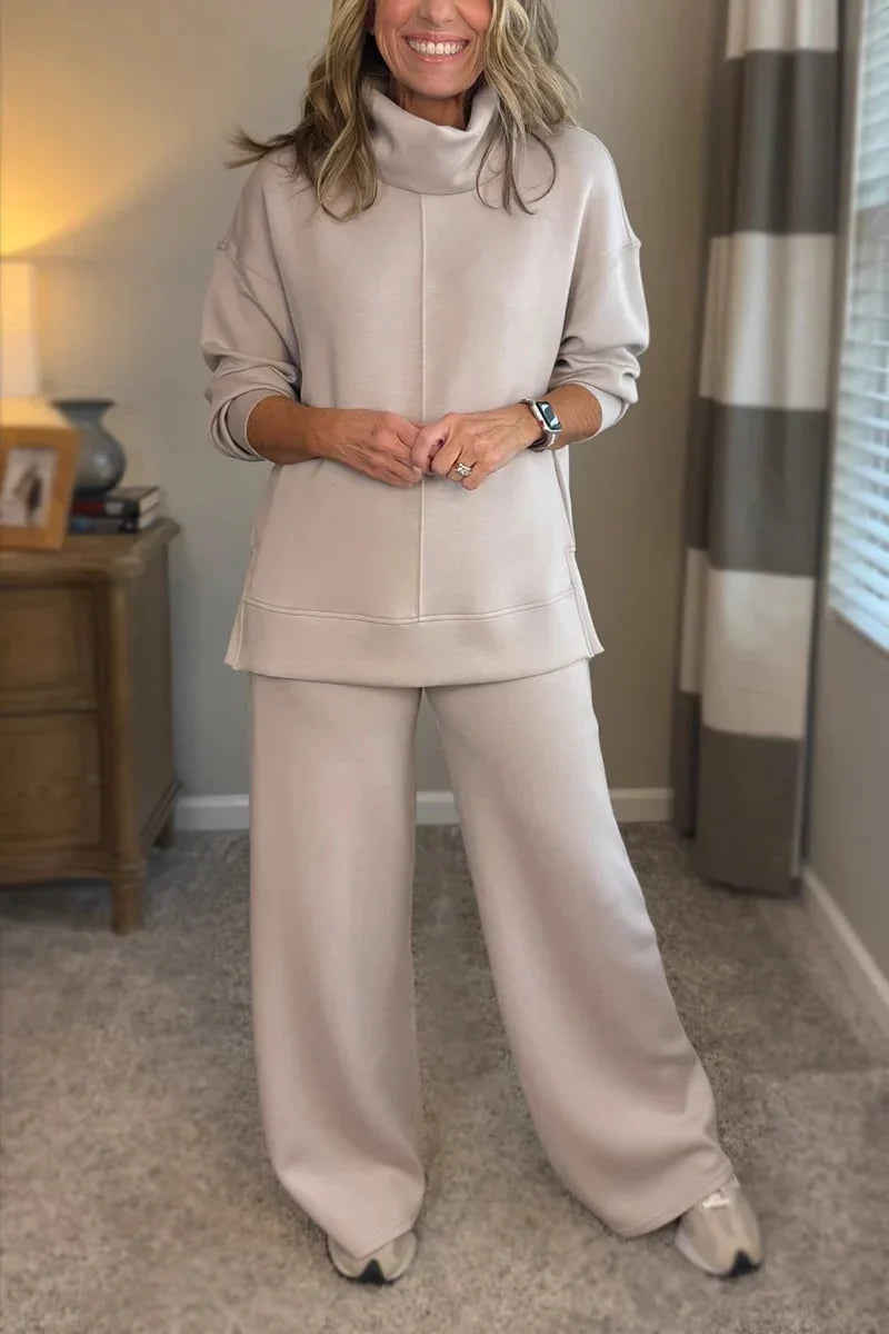 Elegante conjunto informal de dos piezas para mujer con top de cuello alto y pantalón ancho cómodo