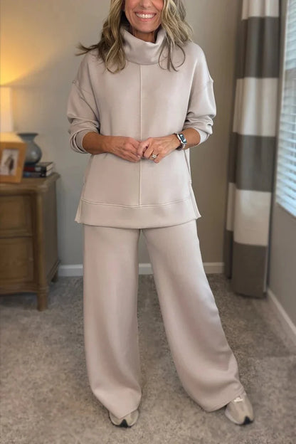 Elegante conjunto informal de dos piezas para mujer con top de cuello alto y pantalón ancho cómodo