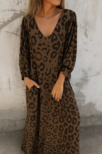 Vestido estampado animal con escote en V y bolsillos laterales para mujer, ligero y versátil para verano
