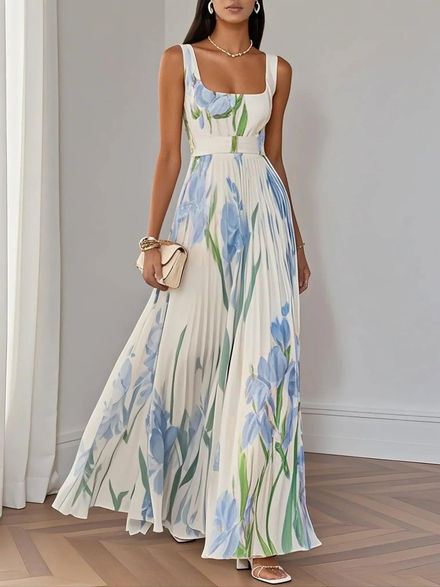 Vestido Maxi Drapeado Con Flores Para Fiestas