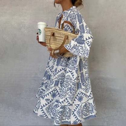 Dahlia | Women's Patterned Long Sleeve Mini Dress - Blue - Image 4
