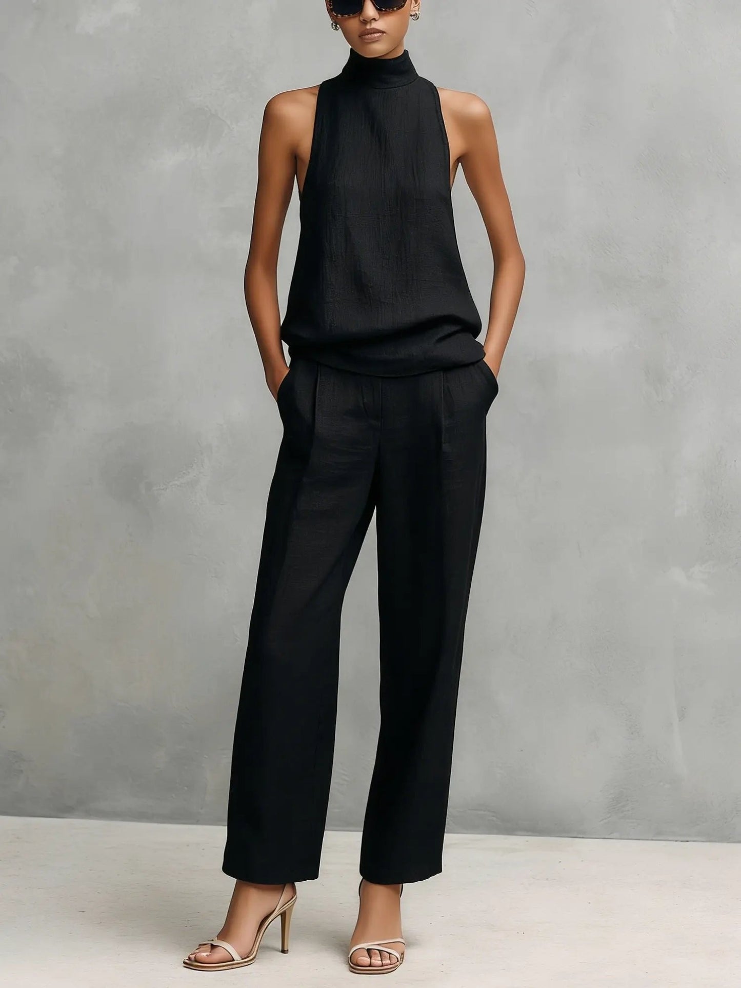 Damen Baumwoll-Leinen Ärmellose High-Neck Top Hose Set