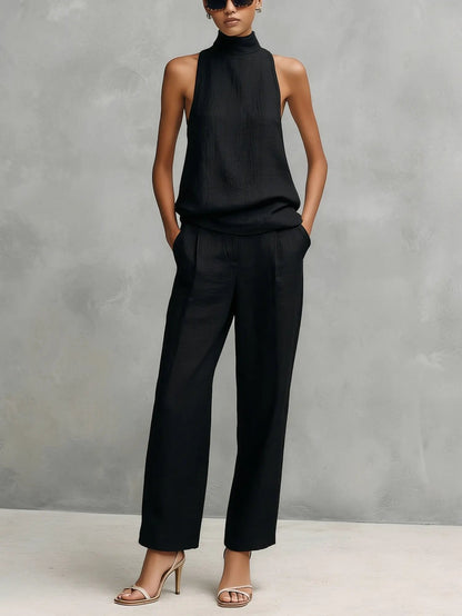 Damen Baumwoll-Leinen Ärmellose High-Neck Top Hose Set