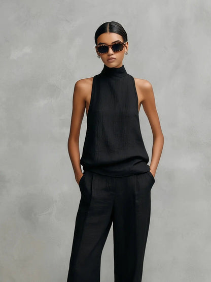 Conjunto de top sin mangas cuello alto y pantalón de lino y algodón