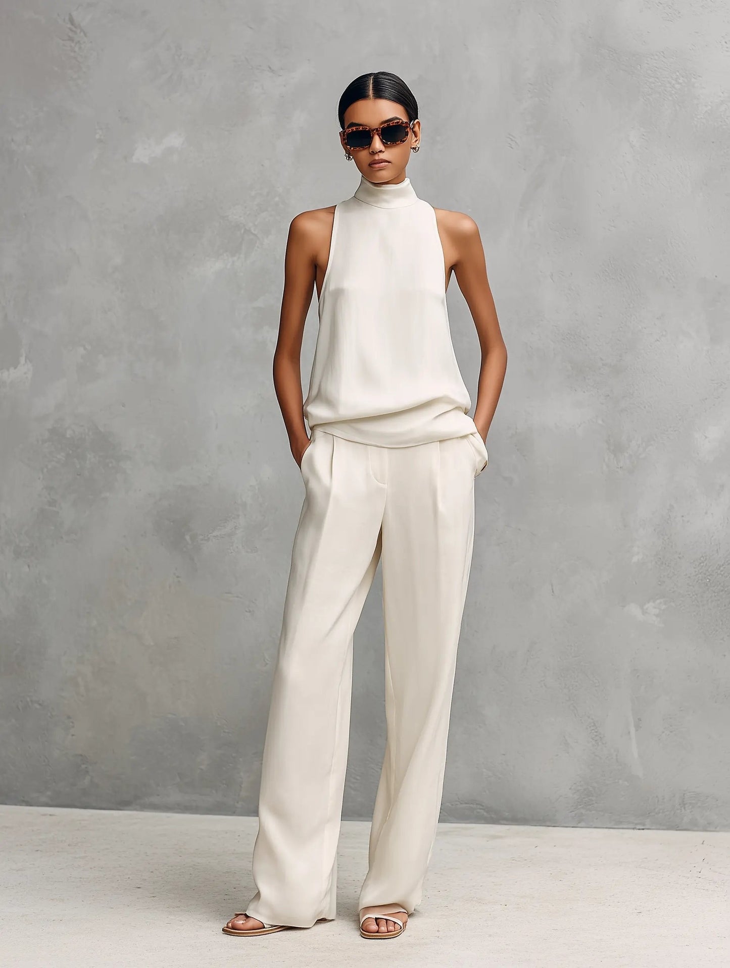 Conjunto de top sin mangas cuello alto y pantalón de lino y algodón