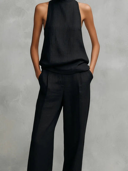 Conjunto de top sin mangas cuello alto y pantalón de lino y algodón