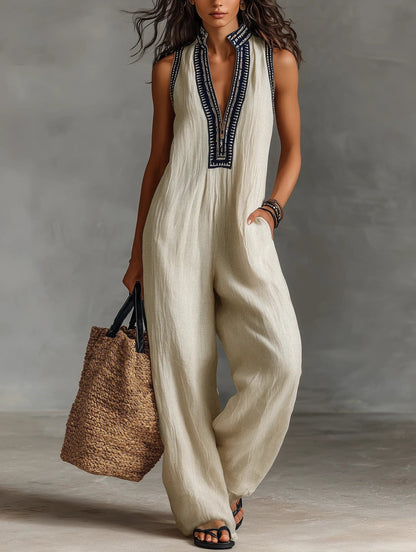 Damen Bestickter Ärmellose Linen Jumpsuit mit Stehkragen