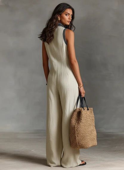 Conjunto de lino con bordados y cuello mandarín