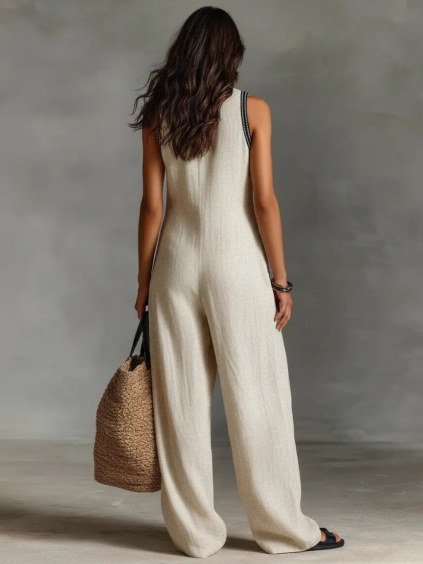 Conjunto de lino con bordados y cuello mandarín