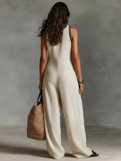 Conjunto de lino con bordados y cuello mandarín
