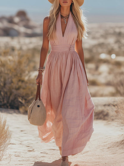 Damen Boho Neckholder Maxi Leinen-Kleid