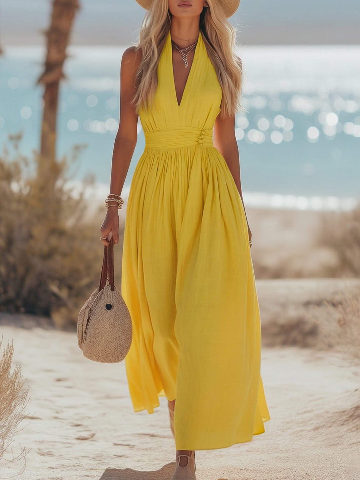 Damen Boho Neckholder Maxi Leinen-Kleid