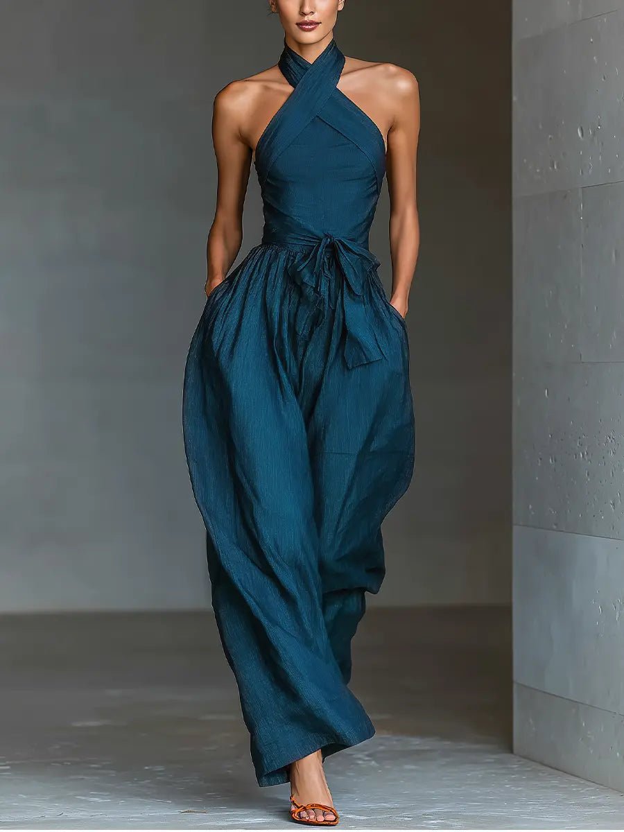 Damen Cross-Halter Leinen Jumpsuit mit weitem Bein