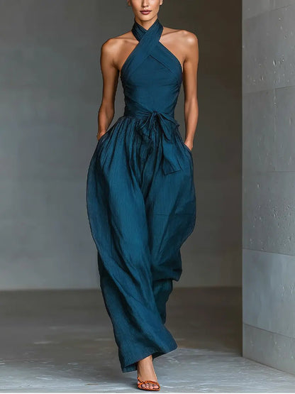 Damen Cross-Halter Leinen Jumpsuit mit weitem Bein
