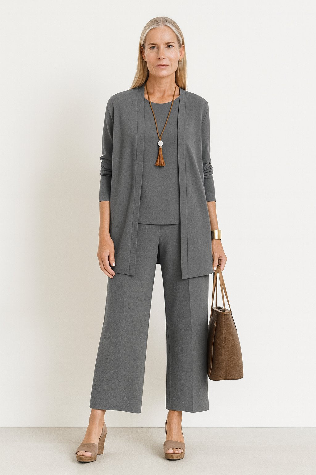 Damen Dreiteiliges Longline-Cardigan Tank-Top Weite Hosen Set